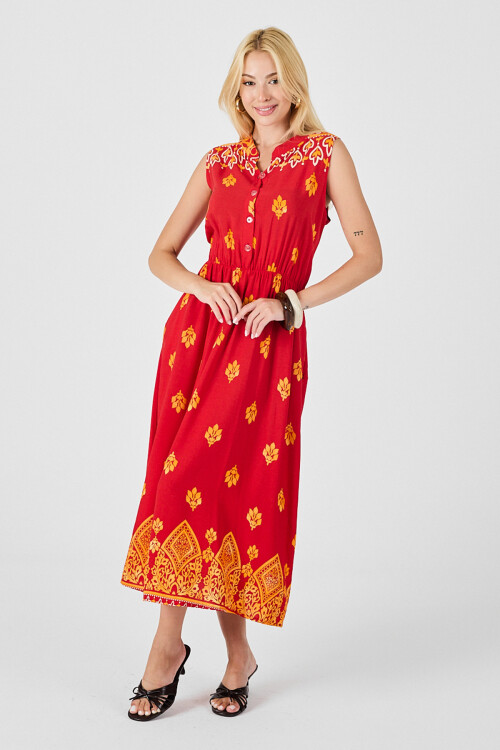 Kırmızı Çentik Yaka Düğmeli Desenli Kolsuz Midi Elbise