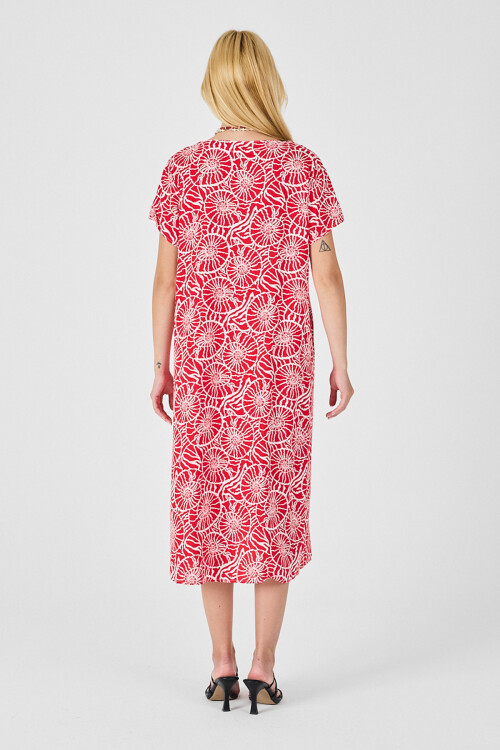 Kırmızı Derin V Yaka Kısa Kollu Çizgi Desenli Midi Boy Elbise