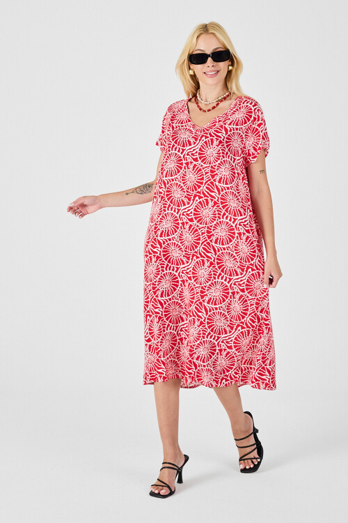 Kırmızı Derin V Yaka Kısa Kollu Çizgi Desenli Midi Boy Elbise