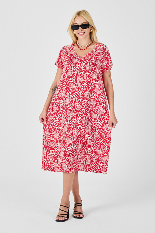 Kırmızı Derin V Yaka Kısa Kollu Çizgi Desenli Midi Boy Elbise