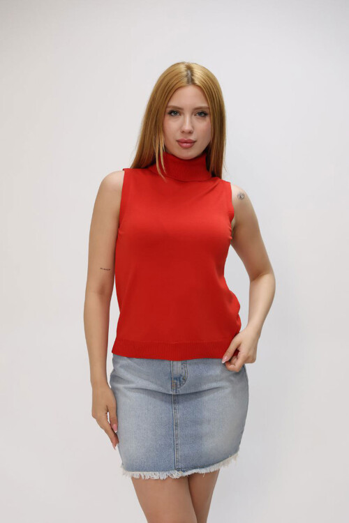 Kırmızı Kolsuz Boğazlı Triko Bluz BCES-252022