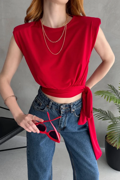 Kırmızı Omuzu Vatkalı Beli Kuşaklı Bluz BCDF-252160