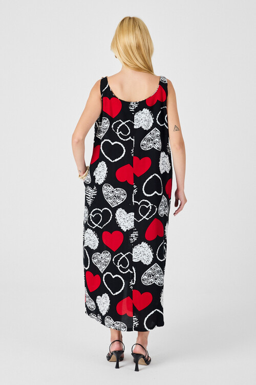 Kırmızı-Siyah Askılı Boncuk Detaylı Çift Cepli Desenli Salaş Elbise