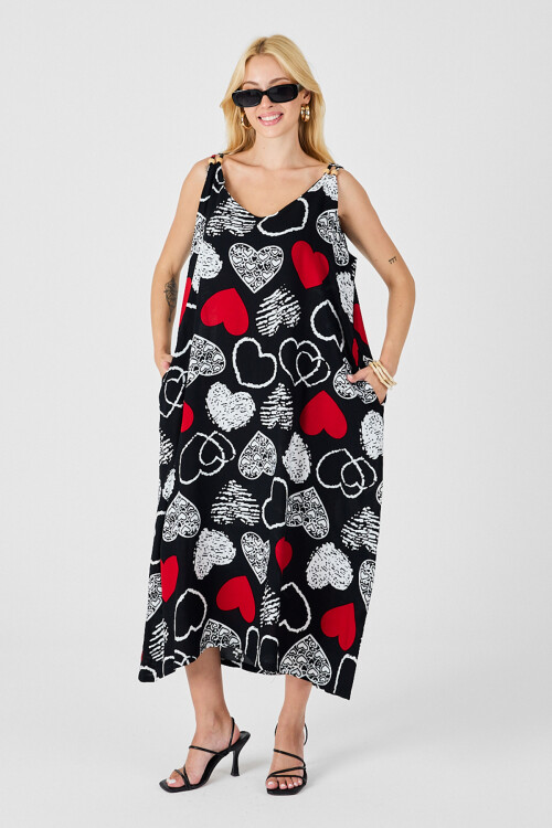 Kırmızı-Siyah Askılı Boncuk Detaylı Çift Cepli Desenli Salaş Elbise