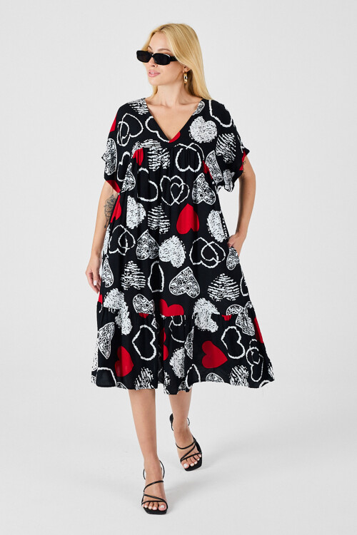 Kırmızı-Siyah V Yaka Oversize Kesim Desenli Çift Cepli Volanlı Elbise