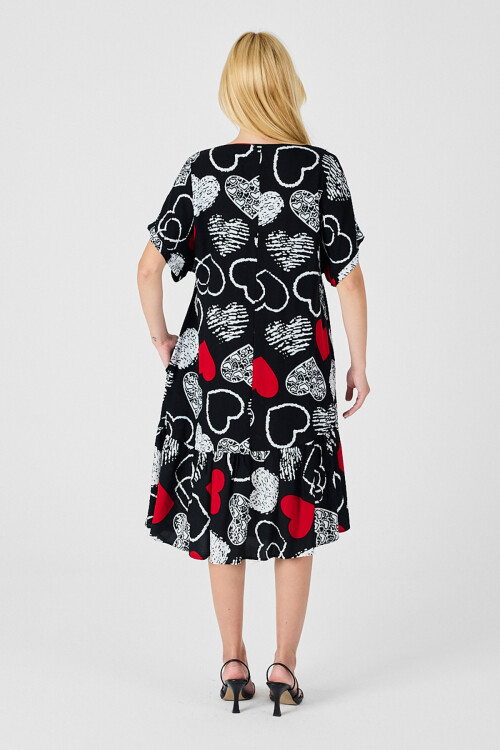 Kırmızı-Siyah V Yaka Oversize Kesim Desenli Çift Cepli Volanlı Elbise