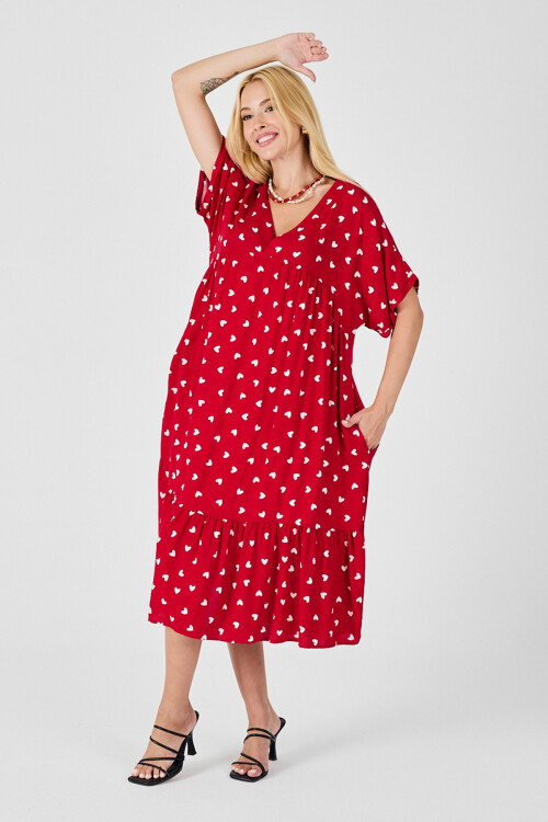 Kırmızı V Yaka Oversize Kesim Desenli Çift Cepli Volanlı Elbise BCVL-254028