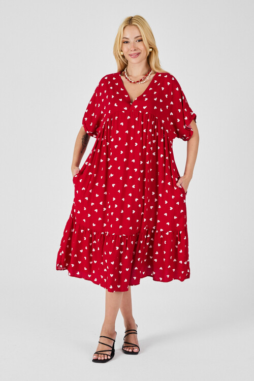 Kırmızı V Yaka Oversize Kesim Desenli Çift Cepli Volanlı Elbise BCVL-254028