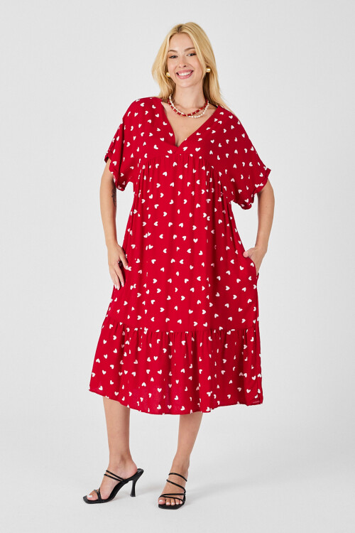 Kırmızı V Yaka Oversize Kesim Desenli Çift Cepli Volanlı Elbise BCVL-254028