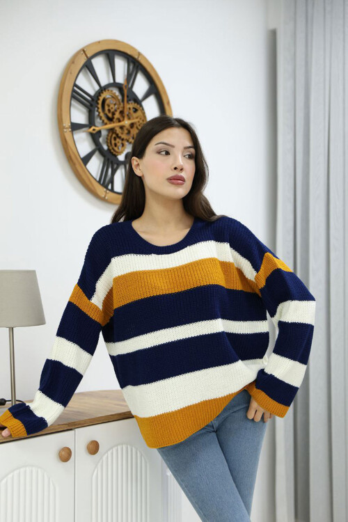 Lacivert Bisiklet Yaka Çizgi Desenli Triko Kazak BCES-252006