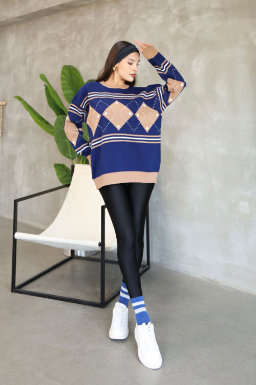 Lacivert Bisiklet Yaka Desenli Triko Kazak BCES-252015