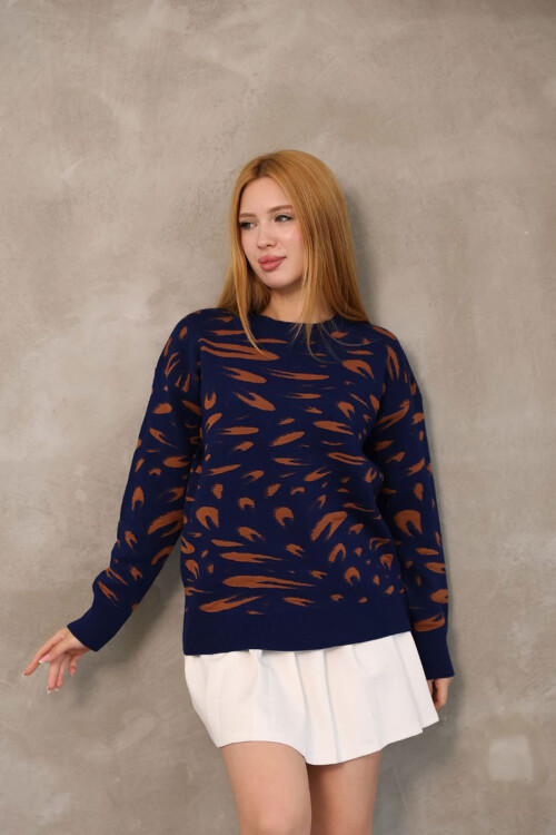 Lacivert Bisiklet Yaka Desenli Triko Kazak BCES-252032