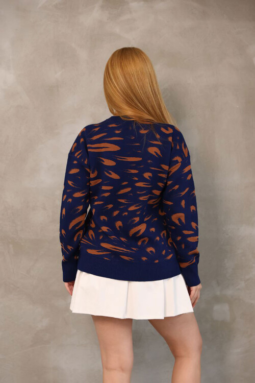 Lacivert Bisiklet Yaka Desenli Triko Kazak BCES-252032