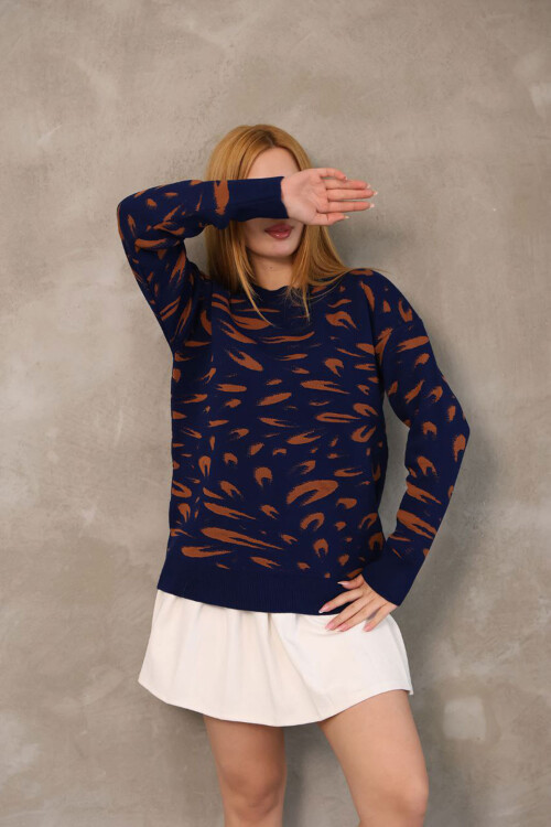 Lacivert Bisiklet Yaka Desenli Triko Kazak BCES-252032