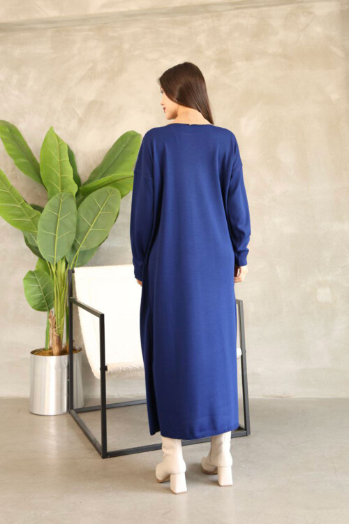 Lacivert Bisiklet Yaka Elbise Ve Hırka Tesettür Alt Üst Takım BCES-252024