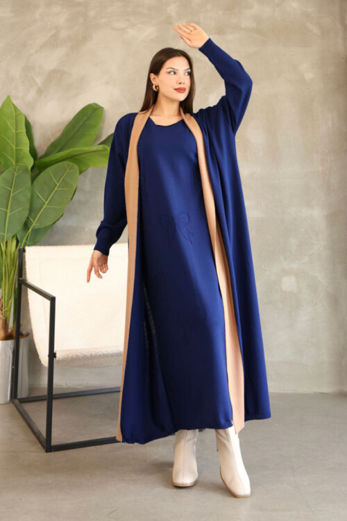 Lacivert Bisiklet Yaka Elbise Ve Hırka Tesettür Alt Üst Takım BCES-252024