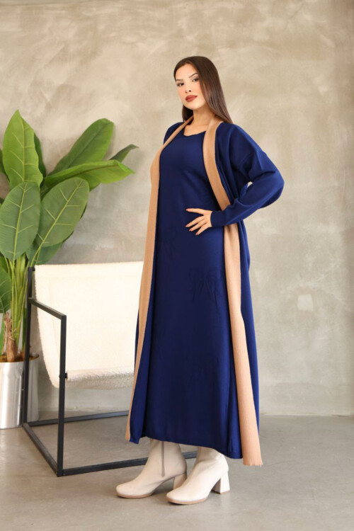 Lacivert Bisiklet Yaka Elbise Ve Hırka Tesettür Alt Üst Takım BCES-252024