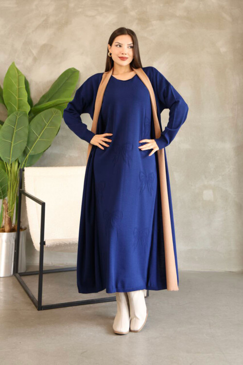 Lacivert Bisiklet Yaka Elbise Ve Hırka Tesettür Alt Üst Takım BCES-252024