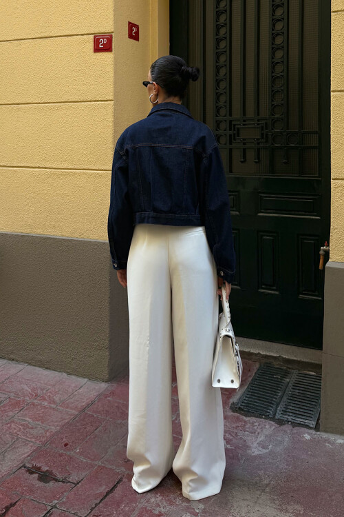 Lacivert Çift Cep Denim Crop Ceket BCDF-255419