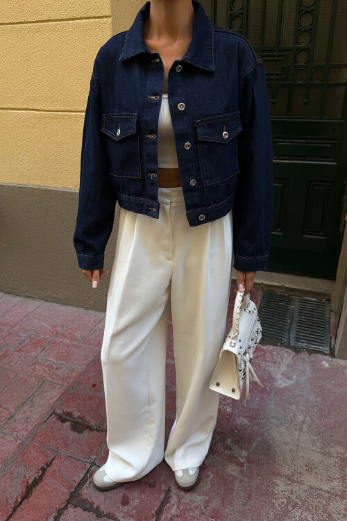 Lacivert Çift Cep Denim Crop Ceket BCDF-255419