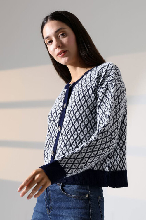 Lacivert Kare Çizgi Desenli Düğmeli Triko Hırka BCES-252004