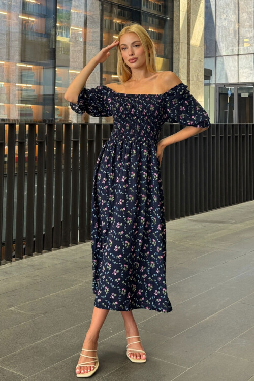Lacivert Kare Yaka Beli Gipeli Çiçek Desenli Dokuma Yazlık Elbise BCVL-25V095