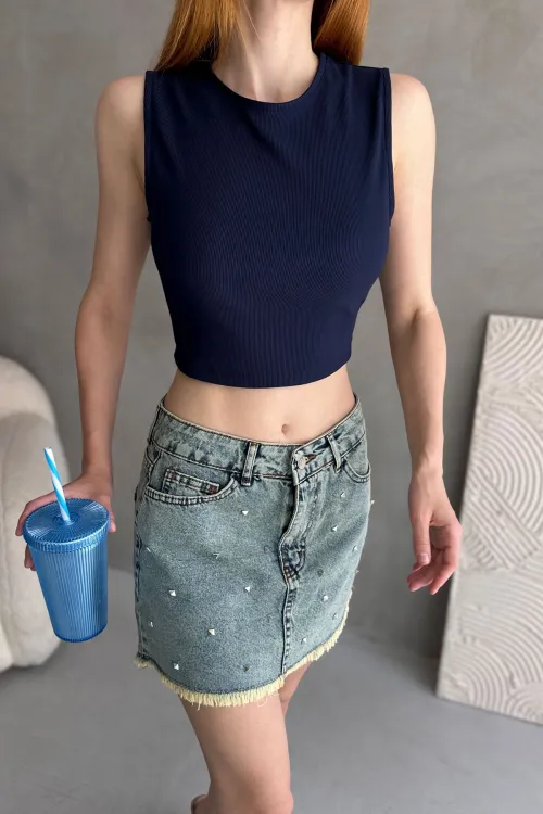 Lacivert Sırtı Kemer Detaylı Kaşkorse Crop Bluz