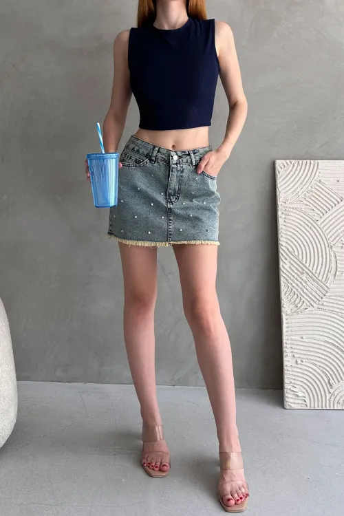 Lacivert Sırtı Kemer Detaylı Kaşkorse Crop Bluz