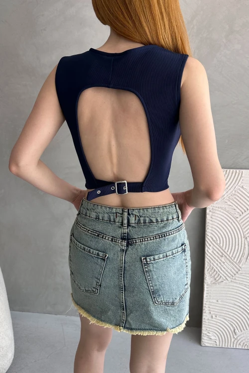 Lacivert Sırtı Kemer Detaylı Kaşkorse Crop Bluz