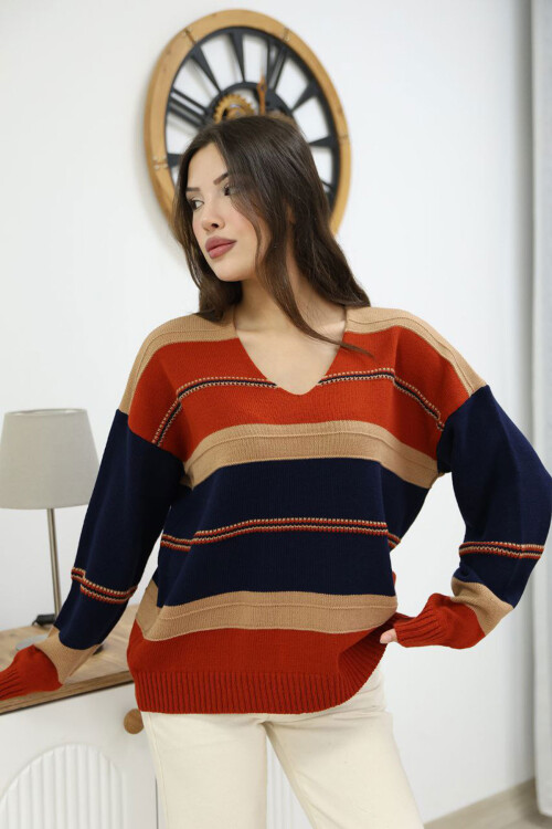 Lacivert V Yaka Çizgi Bloklu Triko Kazak BCES-252018