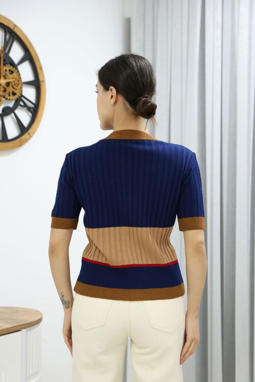 Lacivert V Yaka Renk Bloklu Düğmeli Triko Bluz BCES-252013