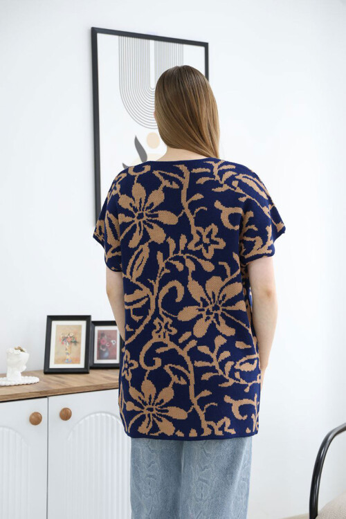 Lacivert Yarım Kol Desenli Triko Hırka BCES-252007