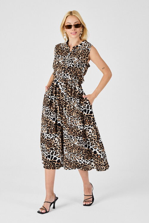 Leopar Çentik Yaka Düğmeli Desenli Kolsuz Midi Elbise BCVL-254025