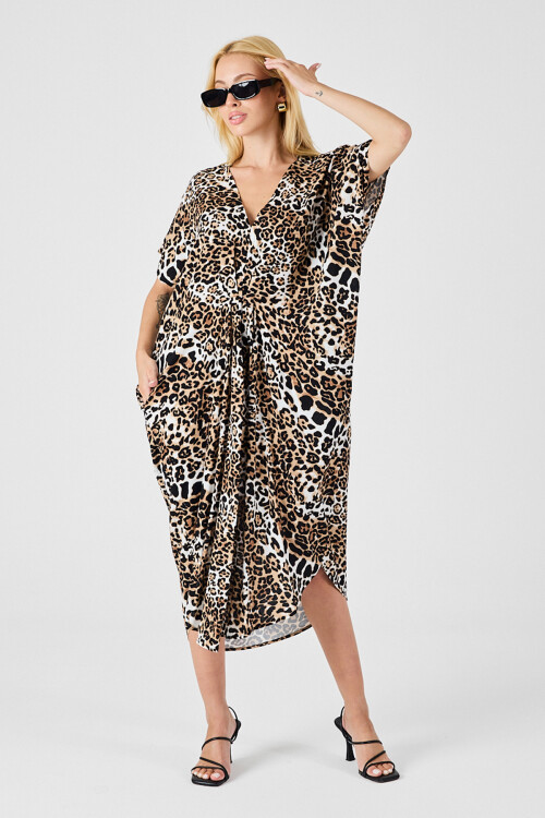 Leopar Desenli V Yaka Salaş Kesim Kaftan Elbise