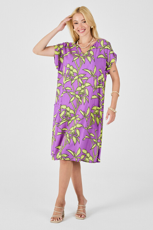 Lila Tropik Desenli V Yaka Oversize Midi Elbise