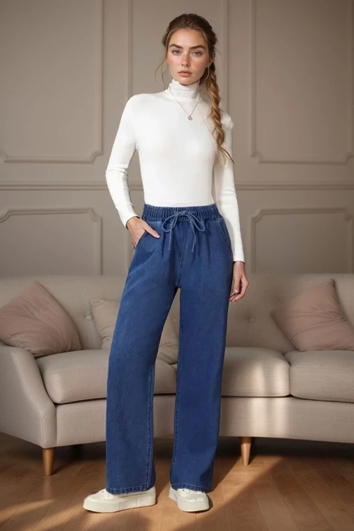 Mavi Beli Lastikli Bol Paça Cepli Yıkamalı Kot Pantolon BCBSK-25700-KT-0088