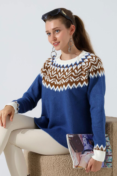 Mavi Bisiklet Yaka Kar Desenli Triko Kazak BCES-252028