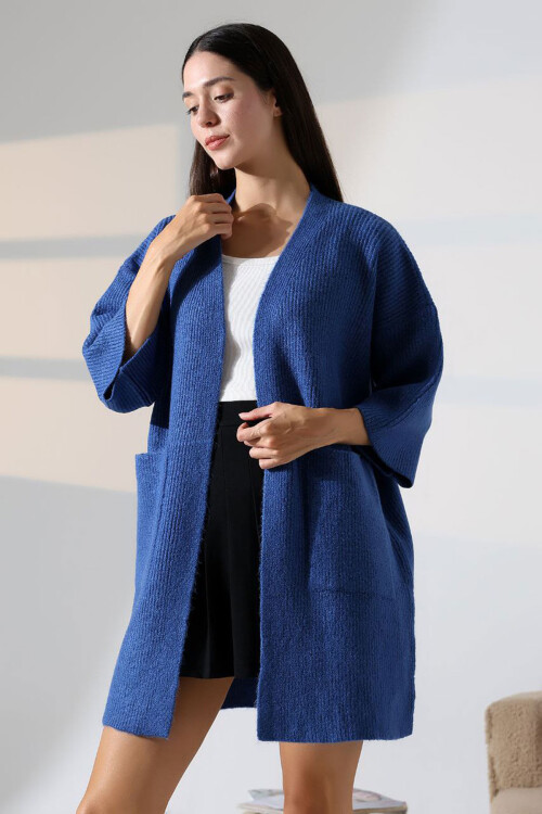 Mavi Çift Cepli Yarım Kol Uzun Boy Triko Hırka BCES-252019