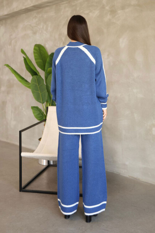 Mavi Çizgi Detaylı Bisiklet Yaka Tunik Ve Geniş Paça Triko Alt Üst Takım BCES-252030