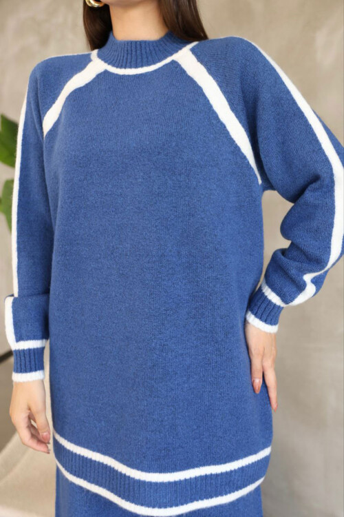 Mavi Çizgi Detaylı Bisiklet Yaka Tunik Ve Geniş Paça Triko Alt Üst Takım BCES-252030