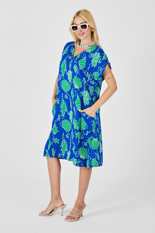 Mavi Deniz Kabuğu Desenli V Yaka Oversize Elbise