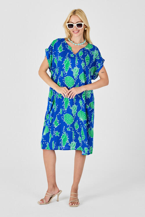 Mavi Deniz Kabuğu Desenli V Yaka Oversize Elbise