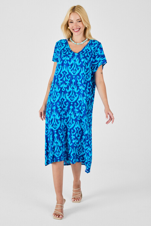 Mavi Desenli V Yaka Midi Boy Elbise