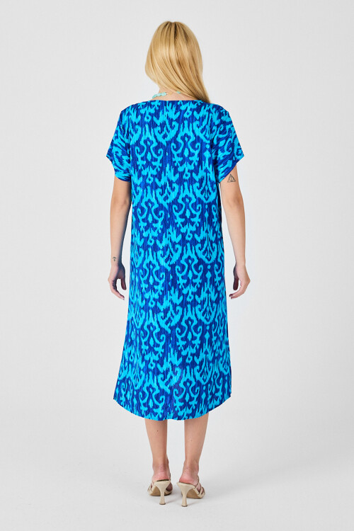 Mavi Desenli V Yaka Midi Boy Elbise