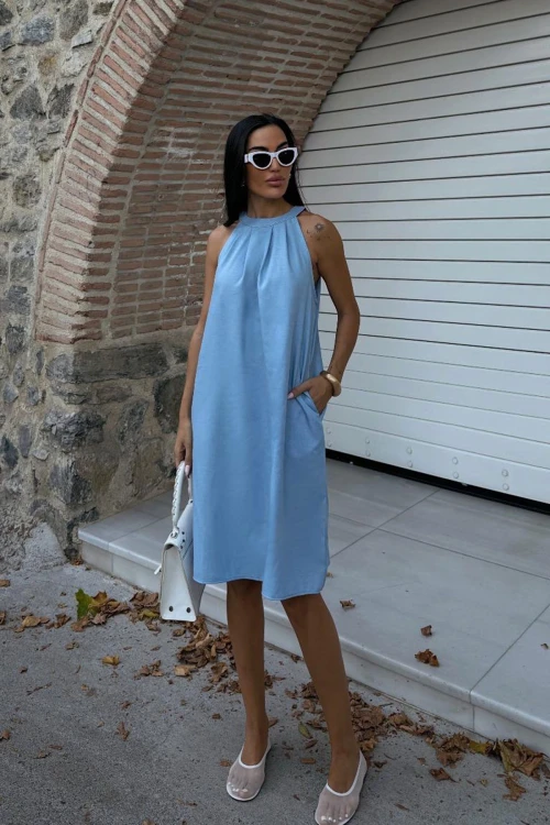 Mavi Gizli Cepli Yazlık Keten Dokuma Elbise BCDF-25255029