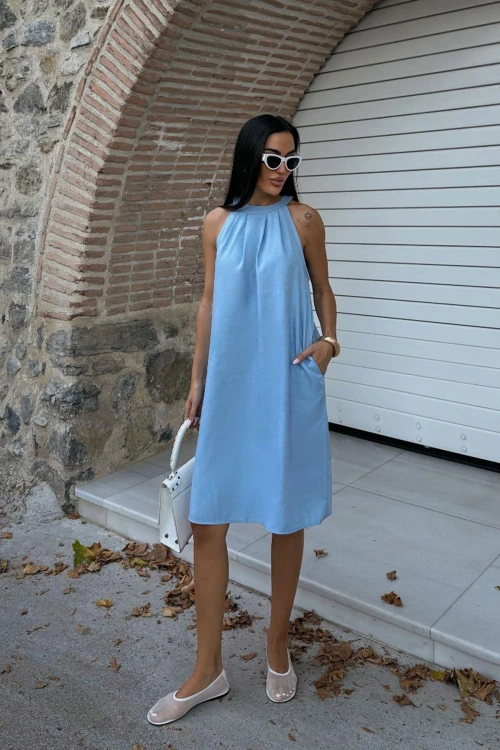 Mavi Gizli Cepli Yazlık Keten Dokuma Elbise BCDF-25255029
