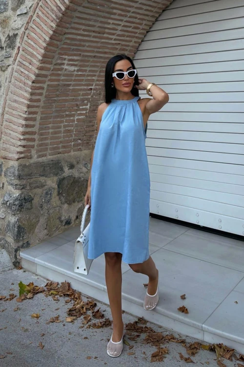 Mavi Gizli Cepli Yazlık Keten Dokuma Elbise BCDF-25255029