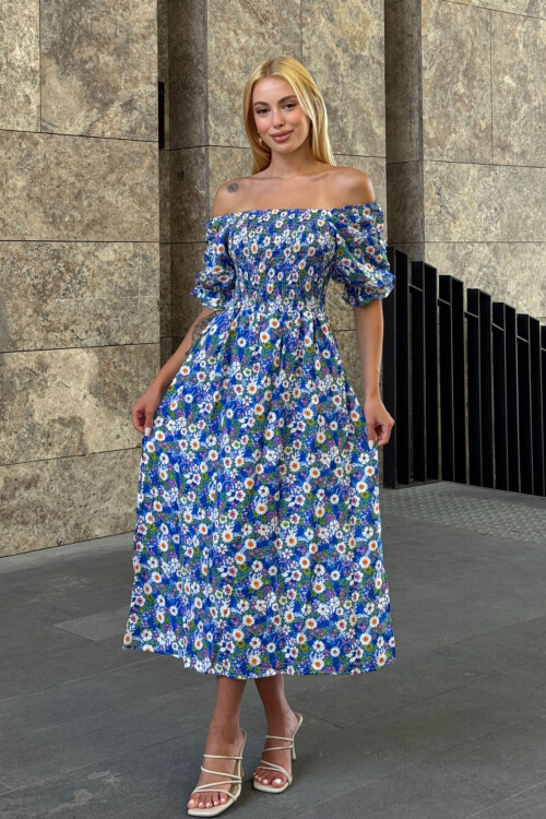 Mavi Kare Yaka Beli Gipeli Çiçek Desenli Dokuma Yazlık Elbise