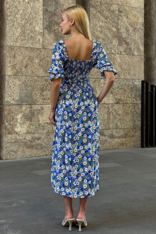 Mavi Kare Yaka Beli Gipeli Çiçek Desenli Dokuma Yazlık Elbise