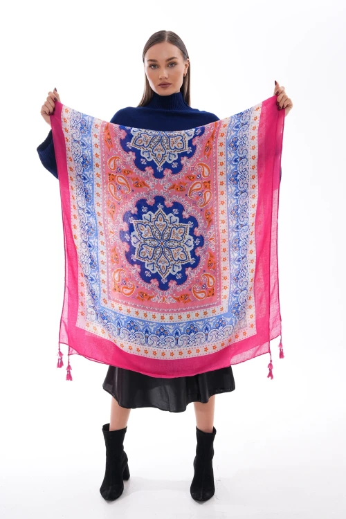 Mavi Patchwork Desenli Şal BCNSV-2515238